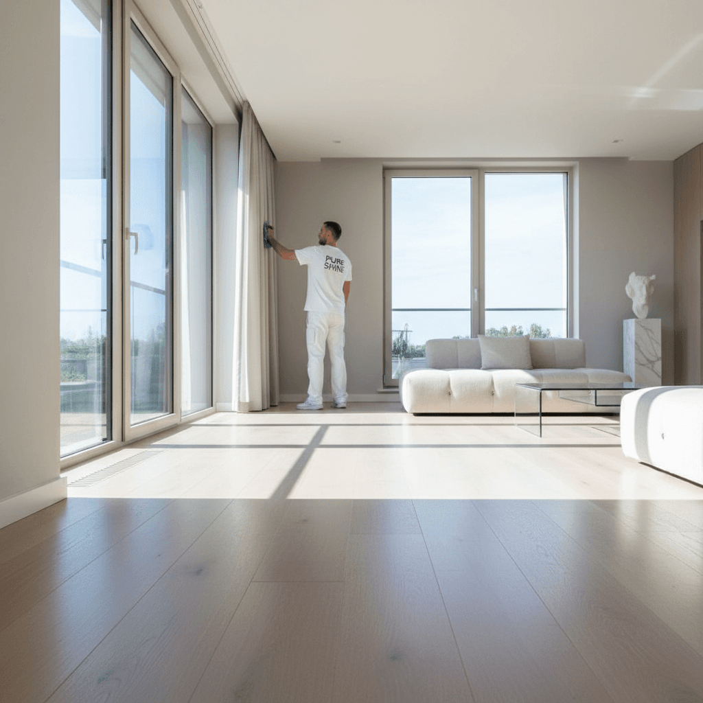 Bright clean residential space with professional cleaner finishing window details