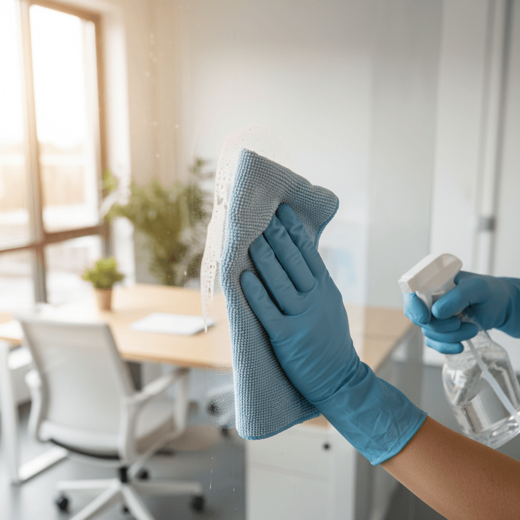 Hands examining polished glass surface with microfiber cloth