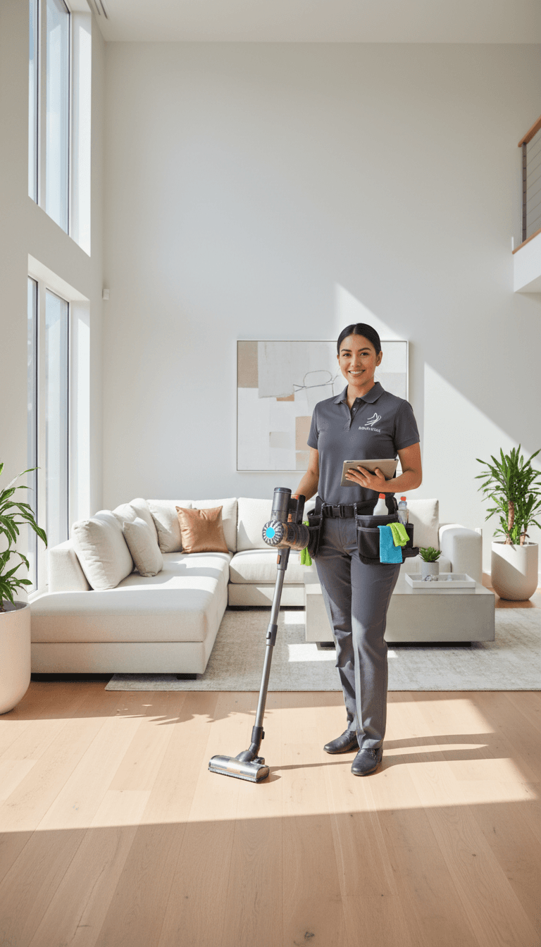 Professional cleaner in bright post-construction space